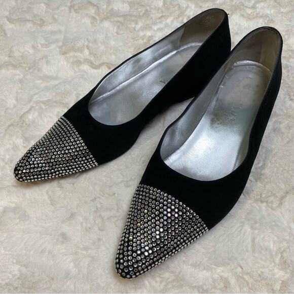 Escada Vero Cuoio Black Pointed Toe Crystal Rhinestone Velvet Flats Size 39.5 - Picture 1 of 13